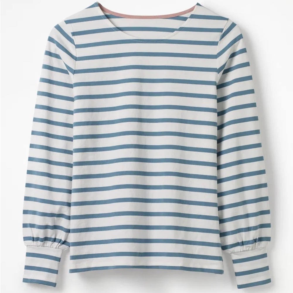 Boden Lena Breton Striped Long Sleeve Tee in White and Dusty Blue 10